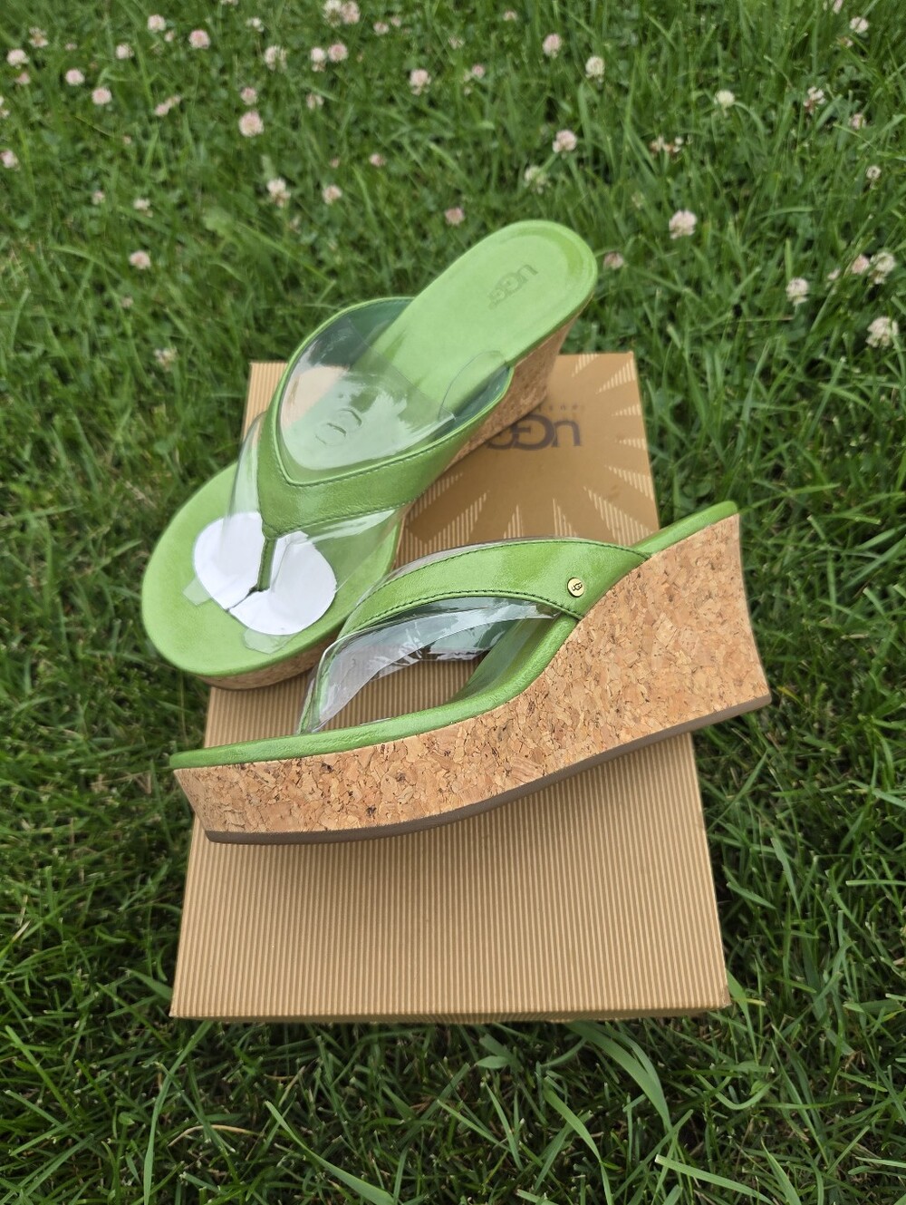 UGG Natassia Green Leather Cork Wedge Platform Thong Sandals NIB Size 8